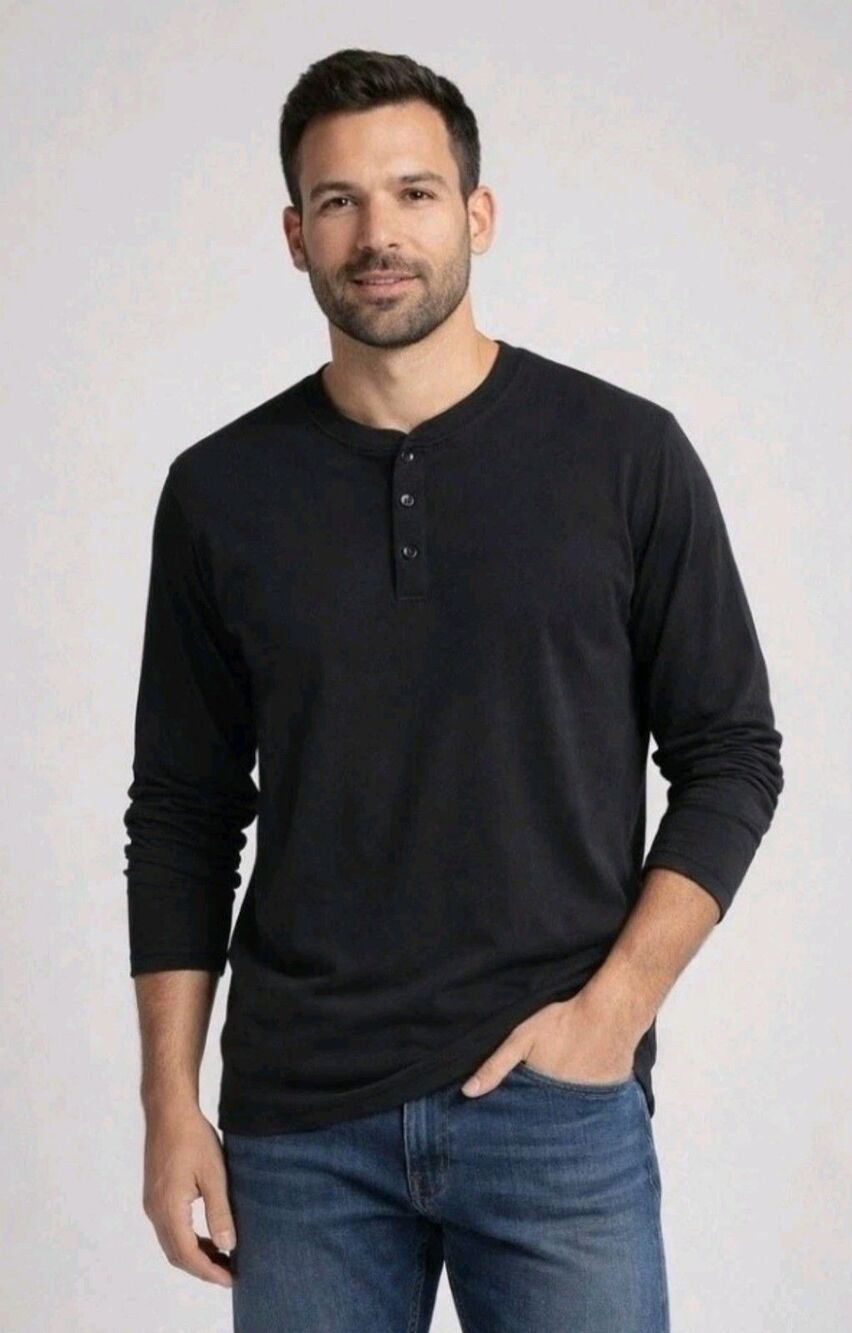 Vustra Mens Long Sleeve Black Henley Shirt Large 100% Organic Cotton